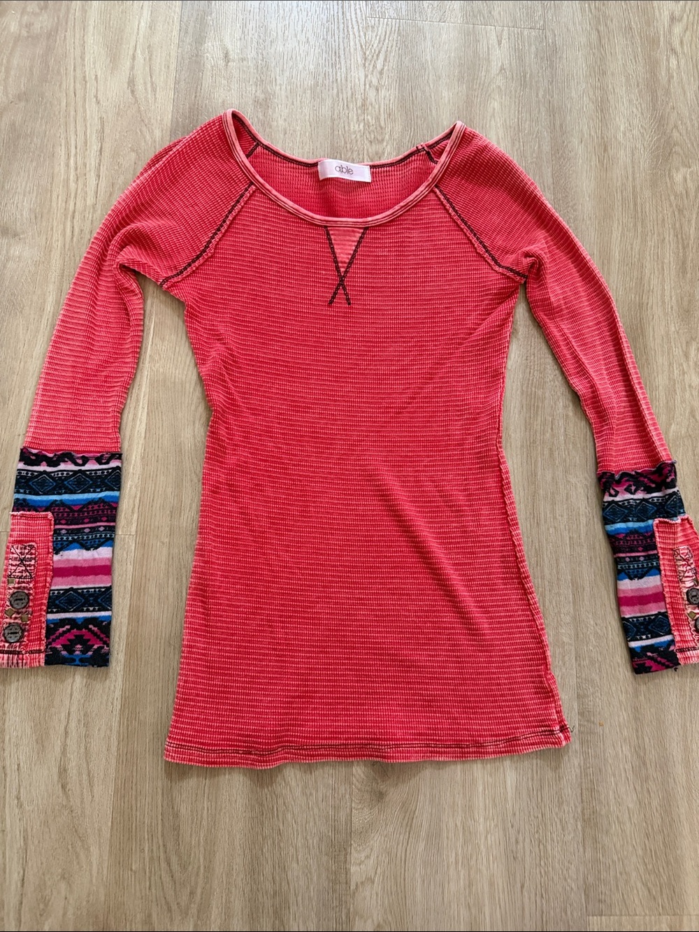 Able Long-Sleeve Ribbed Henley Top with Patterned Cuffs